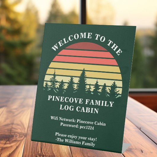 Persoonlijk welkom op Sunset Log Cabin Lake House Reclamebord Met Voetstuk