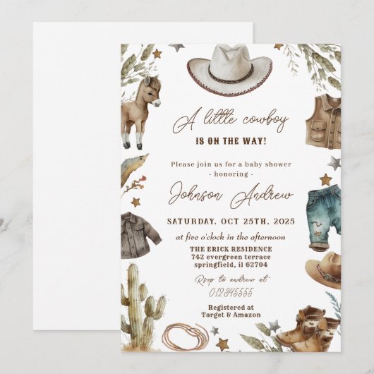 Persoonlijk Western CowBoy Baby shower Kaart (Voorkant / Achterkant)
