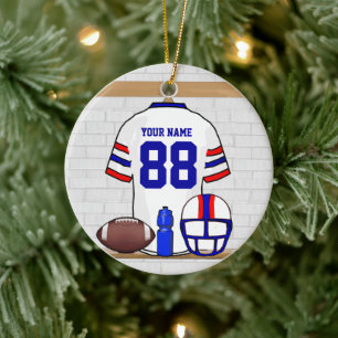 Persoonlijk White Blue Football Jersey Keramisch Ornament
