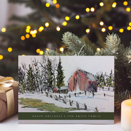 Persoonlijk winter rood schuur watercolor landscha feestdagenkaart