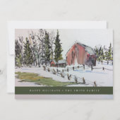 Persoonlijk winterrood schuur watercolor landschap feestdagenkaart (Voorkant)