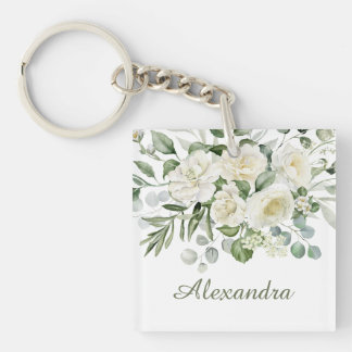 Persoonlijk wit bloemen bruidsmeisje cadeau sleutelhanger