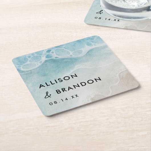 Persoonlijk zomerstrand bruiloft kartonnen onderzetters (Schuin)