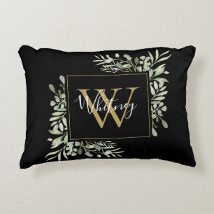 Persoonlijk zwart goud monogram groen bloemmotief accent kussen