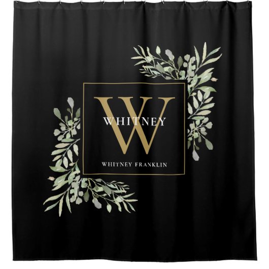 Persoonlijk zwart goud monogram waterverf bloemmot douchegordijn (Voorkant)