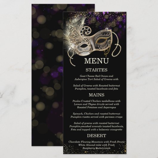 Persoonlijk zwart goud paars masqueradefeest menu (Voorkant / Achterkant)