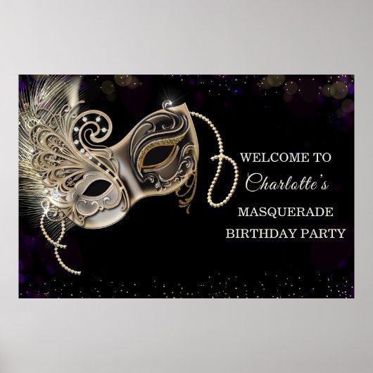 Persoonlijk zwart goud paars masqueradefeest poster (Voorkant)