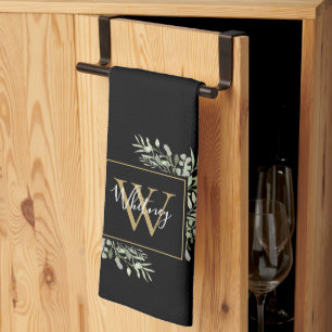 Persoonlijk zwart gouden monogram groen bloemmotie theedoek