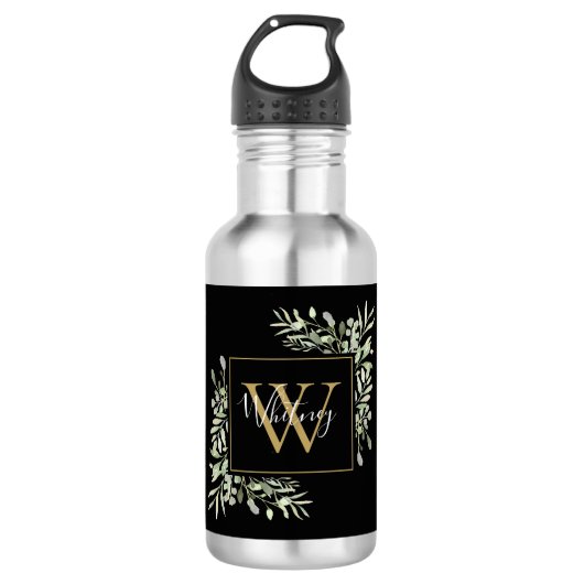 Persoonlijk zwart gouden monogram groen bloemmotie waterfles (Voorkant)