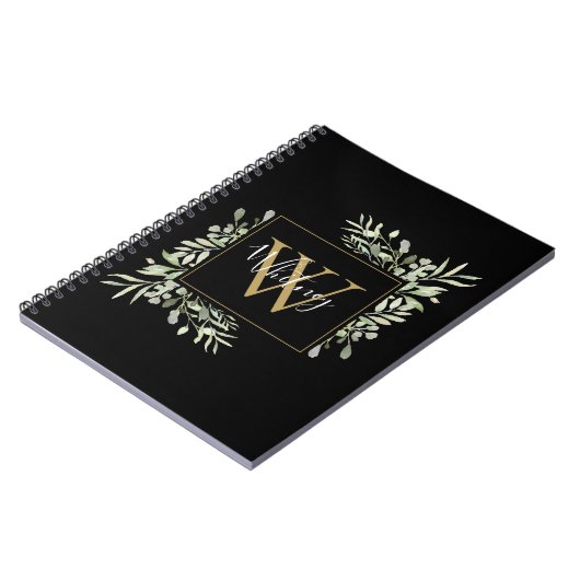 Persoonlijk zwart gouden monogram groene bloem notitieboek (Linkerzijde)