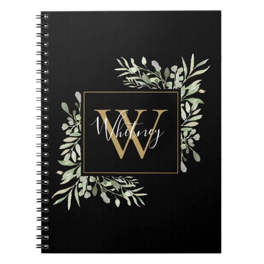 Persoonlijk zwart gouden monogram groene bloem notitieboek (Voorkant)