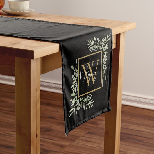 Persoonlijk zwart gouden monogram groene bloemen korte tafelloper (Voorbeeld)