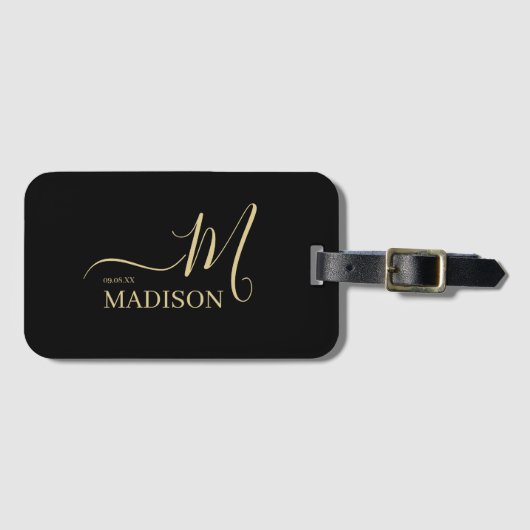 Persoonlijk Zwart goudmonogram-tekenweddenschap Bagagelabel (Voorkant (horizontaal))