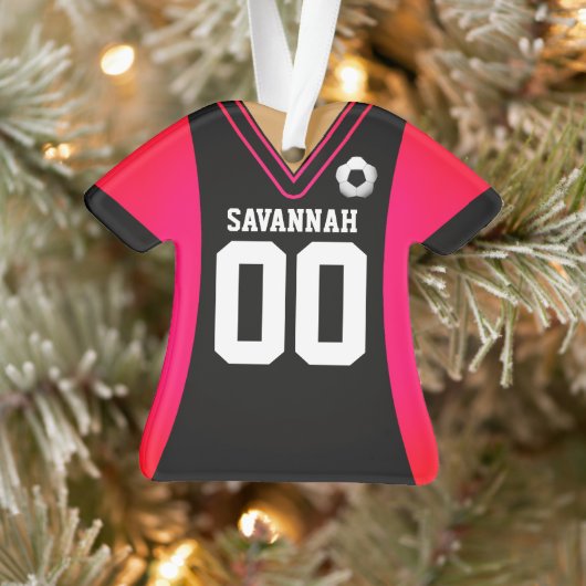 Persoonlijk Zwart/Roze Voetbalshirt Ornament (Boom)