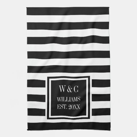 Persoonlijk zwart-wit gestreept monogram theedoek (Verticaal)