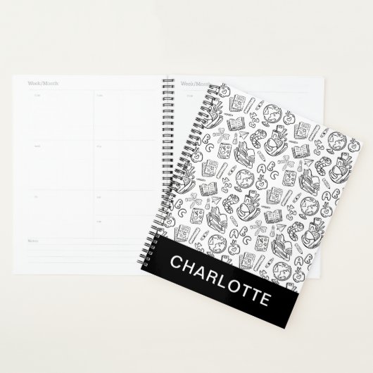 Persoonlijk zwart-wit school handgetekend Doodle Planner (Display)