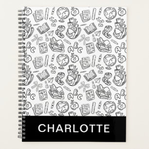Persoonlijk zwart-wit school handgetekend Doodle Planner