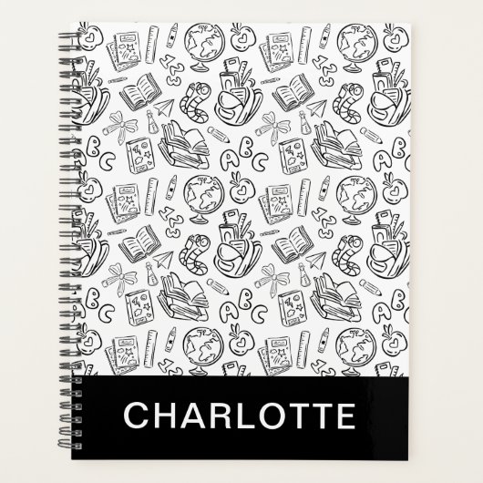 Persoonlijk zwart-wit school handgetekend Doodle Planner (Voorkant)