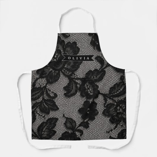 Persoonlijk Zwarte Kant Bloemige Elegante Monogram Schort (Voorkant)