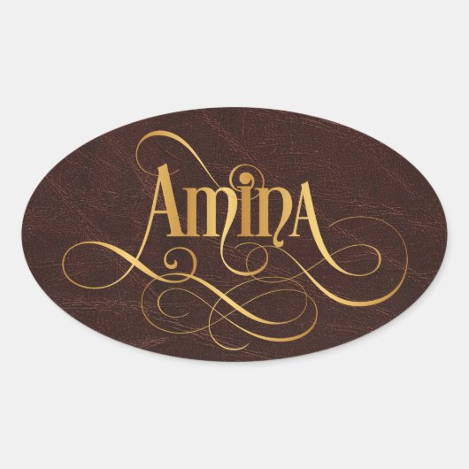 Persoonlijk Zwirly Manuscript Amina Gold op Leder Ovale Sticker (Voorkant)