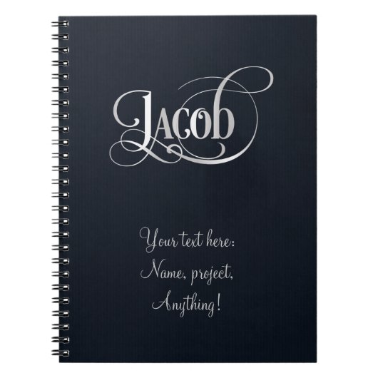 Persoonlijk Zwirly Script Jacob Silver op Indigo Notitieboek (Voorkant)