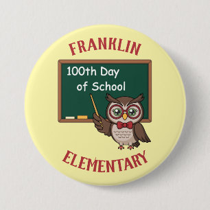 Persoonlijke 100e dag van school uil & schoolbord ronde button 7,6 cm