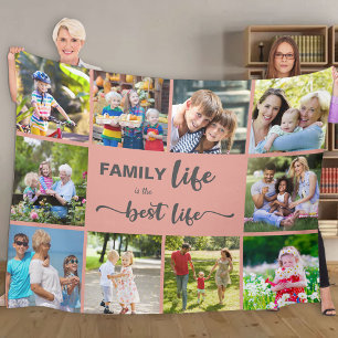 Persoonlijke 10 foto-inkuilfamilie levensroze fleece deken