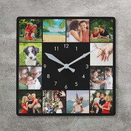 Persoonlijke 12 familiefoto collage Zwart Vierkante Klok