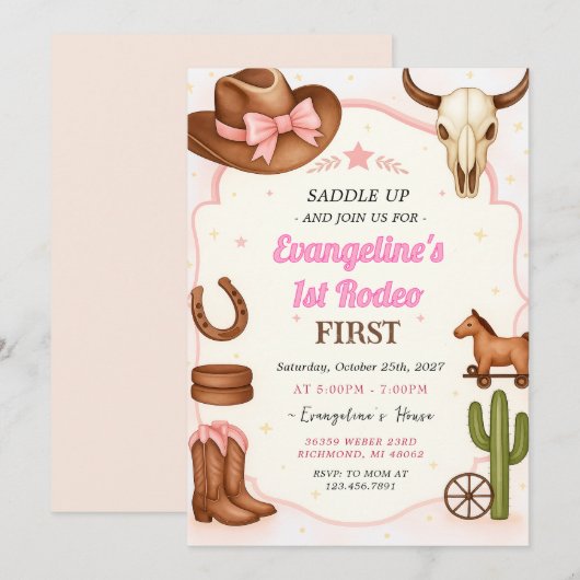 Persoonlijke 1e Rodeo Meisje Cowgirl verjaardag Kaart (Voorkant / Achterkant)