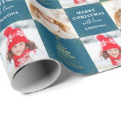 Persoonlijke 2 Foto Blue Gold kerstfeestdag Cadeaupapier (Rol Hoek)