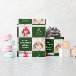 Persoonlijke 2 foto's met groen kerstfeest cadeaupapier