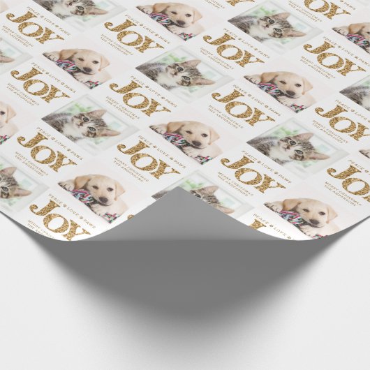 Persoonlijke 2 foto's Pet Dog JOY Gold Holiday Gif Cadeaupapier (Hoek)