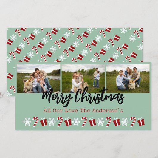 Persoonlijke 3-foto collage met kerstbomen feestdagenkaart (Voorkant / Achterkant)