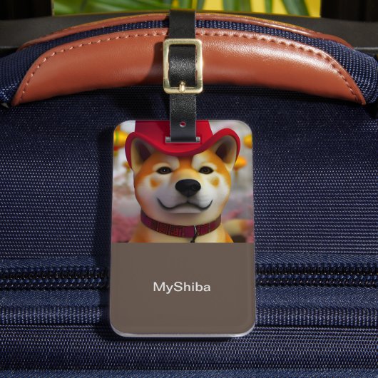 Persoonlijke 3D Happy Shiba Inu met rood pet Bagagelabel (Voorkant Insitu 2)