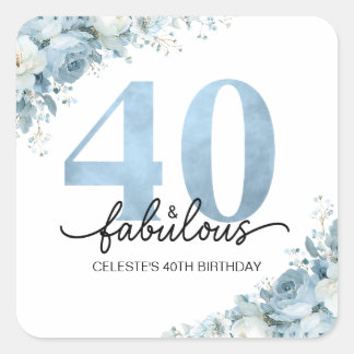 Persoonlijke 40 en Fabulous Blauwe Bloemige Verjaa Vierkante Sticker