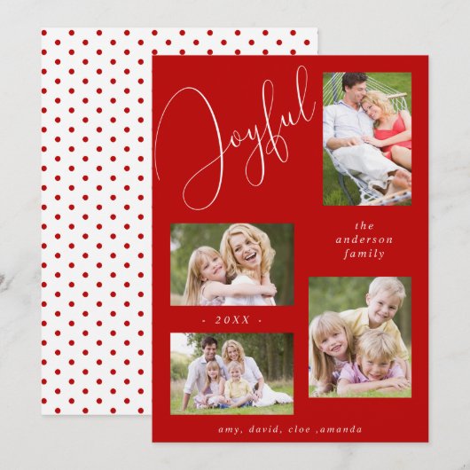 Persoonlijke 4 foto's Chic Script Vrolijke Rood Feestdagenkaart (Voorkant / Achterkant)