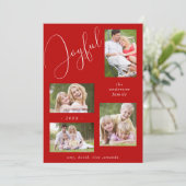 Persoonlijke 4 foto's Chic Script Vrolijke Rood Feestdagenkaart (Staand voorkant)