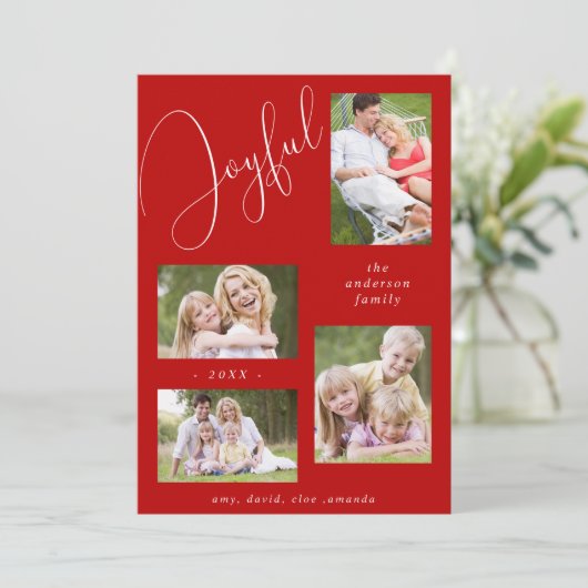 Persoonlijke 4 foto's Chic Script Vrolijke Rood Feestdagenkaart (Staand voorkant)