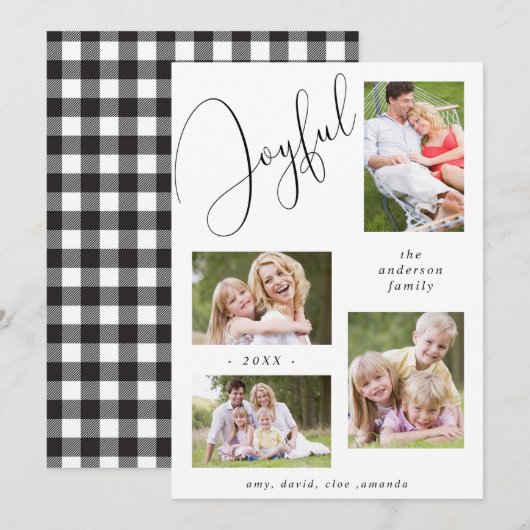 Persoonlijke 4 foto's Chic Script Vrolijke Zwart Feestdagenkaart (Voorkant / Achterkant)