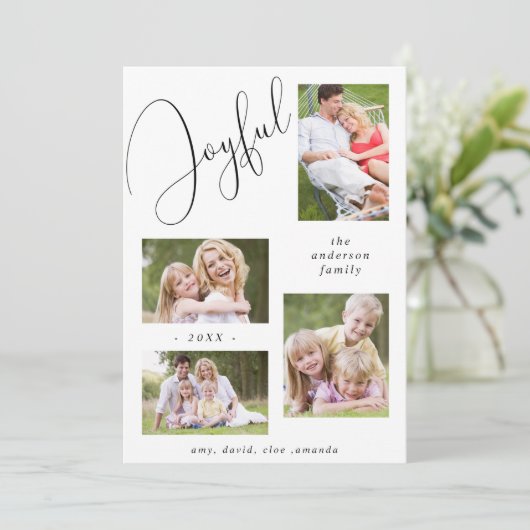 Persoonlijke 4 foto's Chic Script Vrolijke Zwart Feestdagenkaart (Staand voorkant)