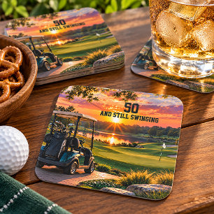 Persoonlijke 50e verjaardag golfparty golfkar kartonnen onderzetters