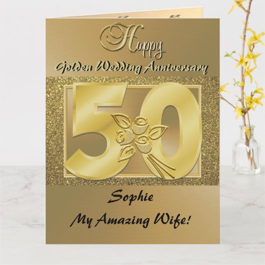 Persoonlijke 50th Wedding Jubileum Kaart vrouw (Gele Bloem)