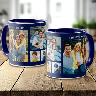 Persoonlijke 5 foto collage familienaam Navy Blue Mok
