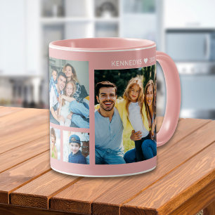 Persoonlijke 5 foto collage familienaam roze mok