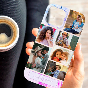 Persoonlijke 6 foto-collage paars roze marmer Case-Mate iPhone case