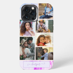 Persoonlijke 6 foto-collage paars roze marmer iPhone 13 pro max hoesje
