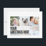 Persoonlijke 6 foto's Moderne Universele Groeten Briefkaart<br><div class="desc">Persoonlijke 6 familiefoto's Moderne en Sharp Universal Greetings Briefkaarten met een stijlvolle fotocollage met 6 aangepaste afbeeldingen, uw begroetingsbericht in vette letters en het bekijken van moderne sans serif doopvont, jouw naam, date, jaar, bericht op de rug in een minimaal typografisch en koel sans serif doopvont. Zwart-wit minimalistisch estheticum, maar...</div>