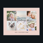 Persoonlijke 6 foto's Universele groeten Briefkaart<br><div class="desc">De gepersonaliseerde 6 familiefoto's golden hour blush roze schattige vrouwelijke Universele Briefkaarten van de Groeten met een stijlvolle fotocollage met 6 aangepaste afbeeldingen,  uw begroetingsbericht in elegant handgeschreven manuscriptdoopvont,  jouw naam,  datum,  jaar,  bericht op de rug in een moderne en eenvoudige sans serif doopvont.</div>