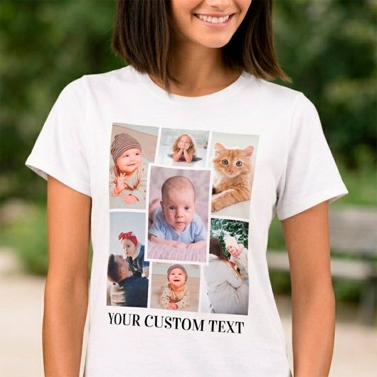 Persoonlijke 7 foto collage met aangepaste tekst t-shirt