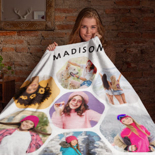 Persoonlijke 7 Foto Hexagoon Collage Naam Fleece Deken